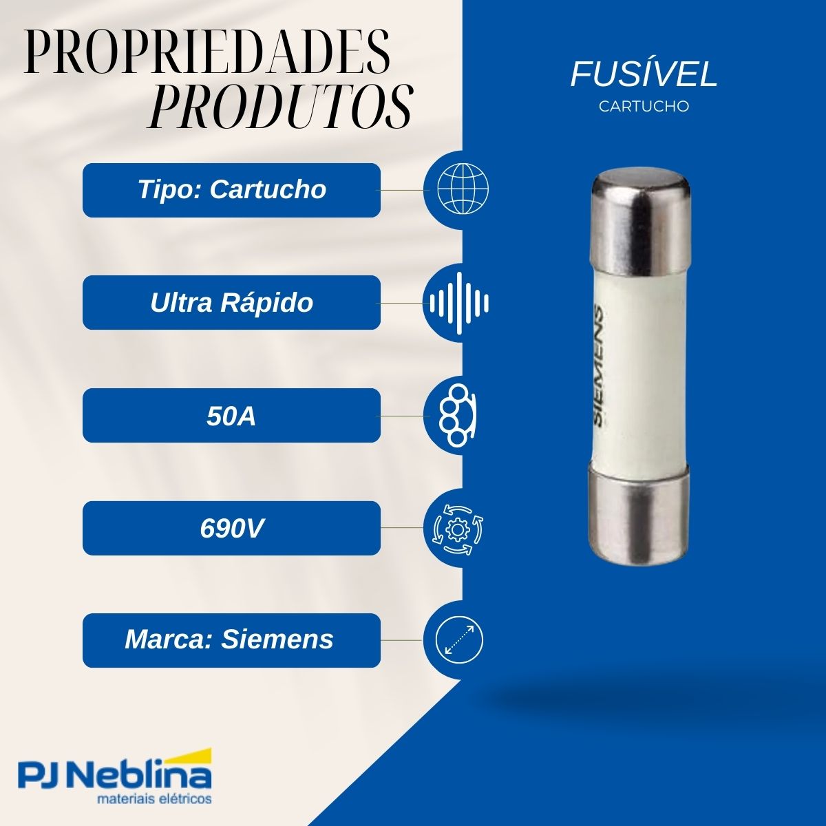 Fusível Cartucho Sitor Ultra Rápido Ar 50A 690V 14X51 mm - Siemens