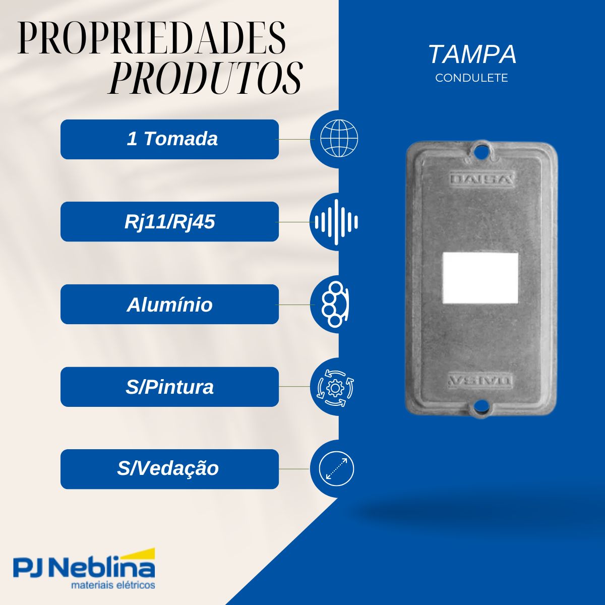 Tampa Condulete 1 Tom Rj11/Rj45 Alumínio 1Pol S/Pintura S/Vedação - Daisa
