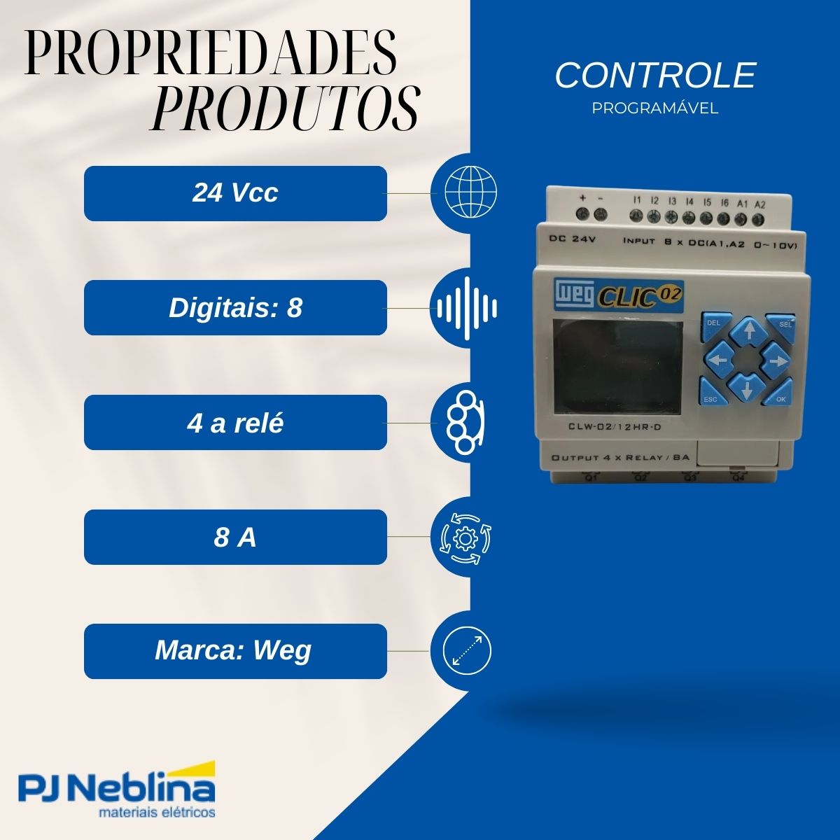 Controle Programável 24Vcc C/8 Entr.Dig. Saída Rele 4 Saídas 8A - Weg