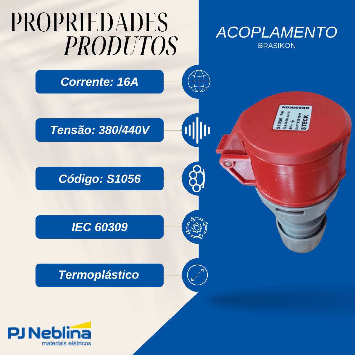 Acoplamento Brasikon 6P+T 380/440V 16A 6H Vermelho - Steck