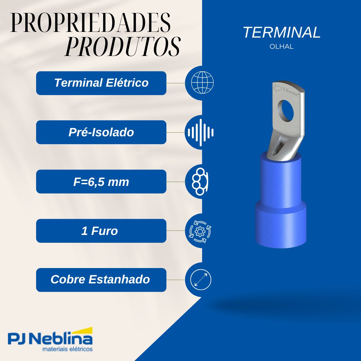 Terminal Olhal Tubular 16Mm (6Awg) Pré-Isolado Az 1 Furo F=6,5Mm 1/4 (M6) - Intelli