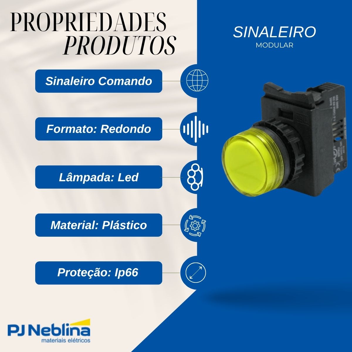 Sinaleiro Modular Faceado Redondo 22 mm 220-240V Plástico Led Amarelo Plástico Preto Ip66 - Weg
