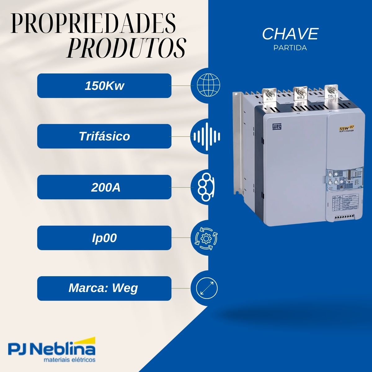Chave Partida Softstarter Trifásico 200A 94-264V 150Kw Ip00 - Weg