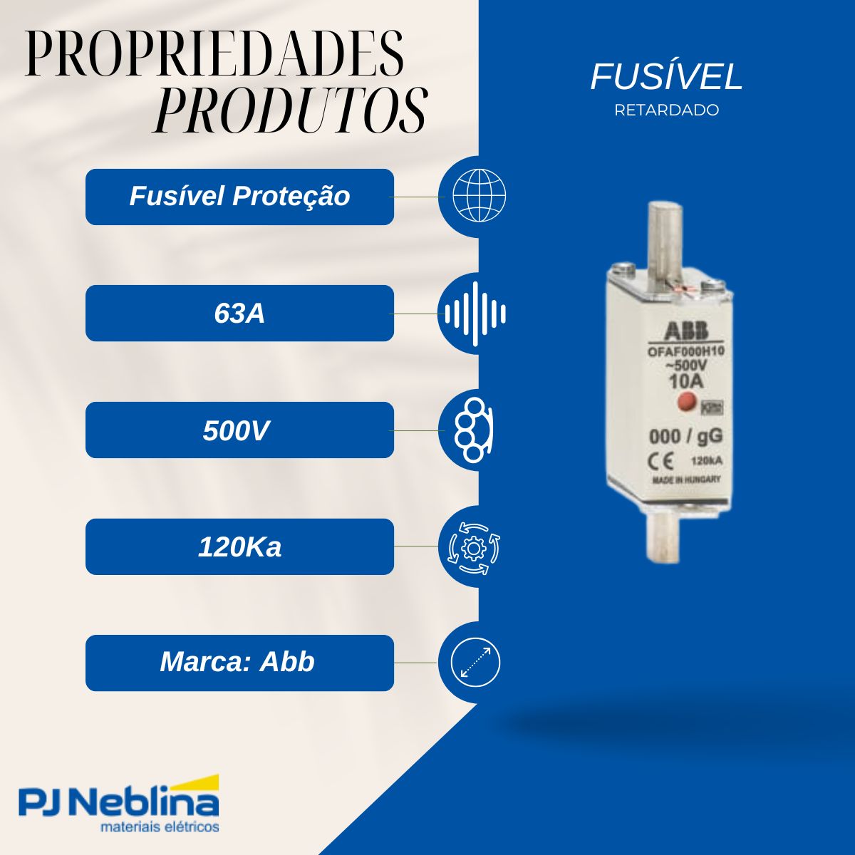 Fusível Nh Retardado Gg/Gl 63A 500V 120Ka T-000 - Abb