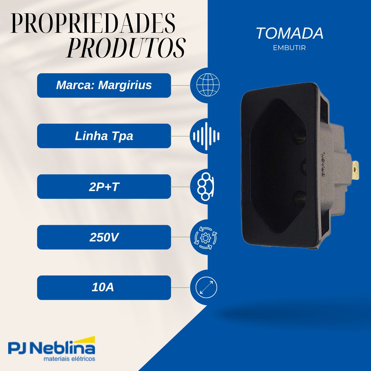 Tomada Embutir Painel 2p+t Retangular 10a 250v Pt Terminal F