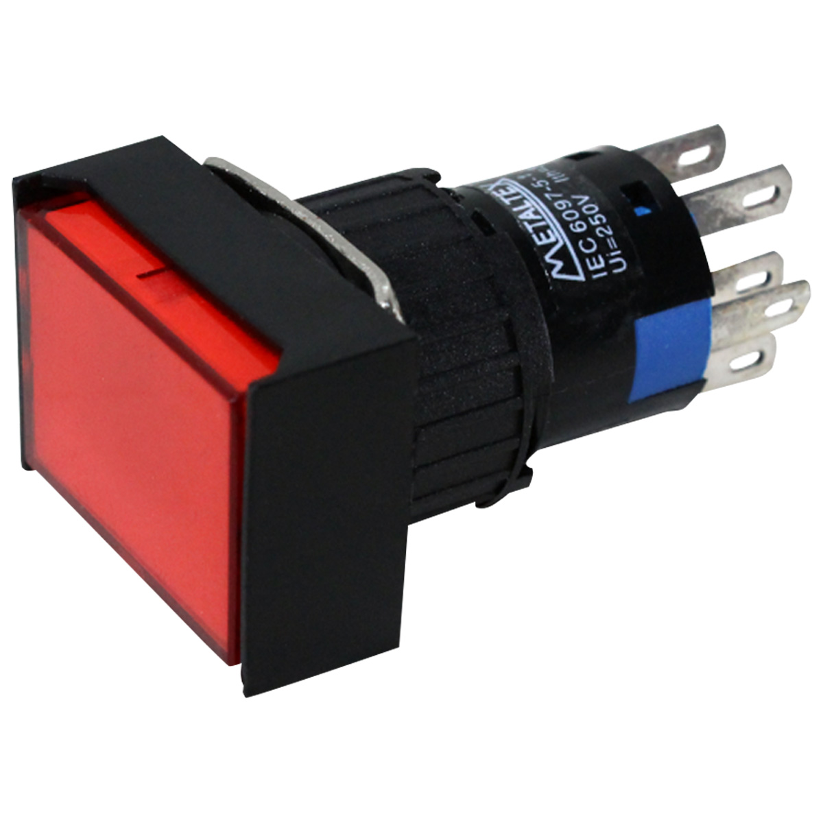 Botão Iluminado Retangular 16Mm Vermelho 2Na+2Nf Com Retenção 220Vca Comando Pulsador - Metaltex