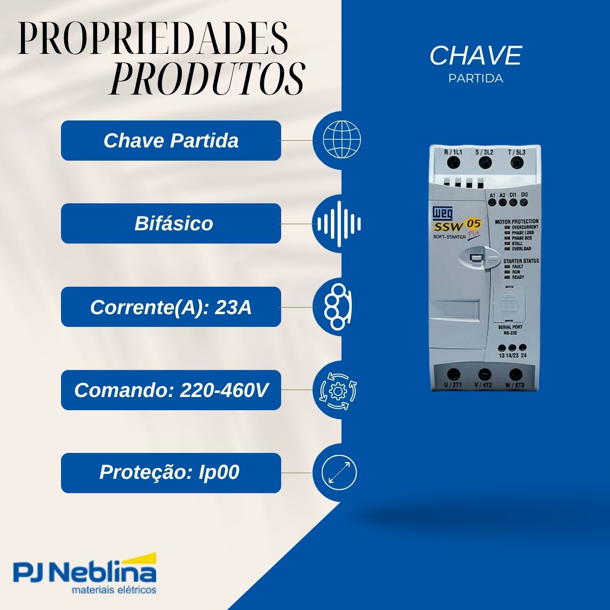 Chave Partida Softstarter Bifásico 23A 220-460V 11Kw Ip00 - Weg