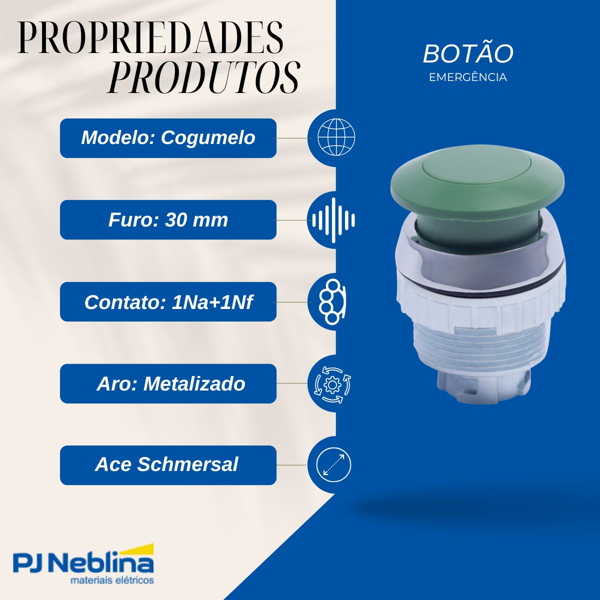 Botão Emergência Cogumelo 36 mm Pulsador 30 mm Zamak Verde 1Na+1Nf - Ace Schmersal