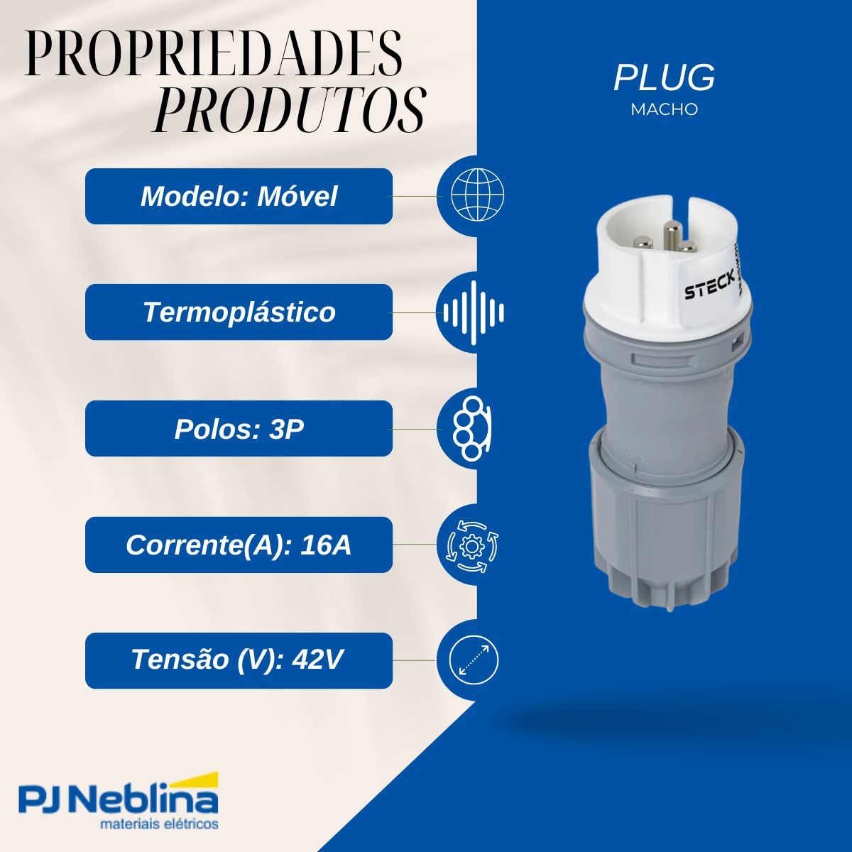 Plug Macho Móvel Termoplástico 3P 16A 42V Branco 12H - Steck
