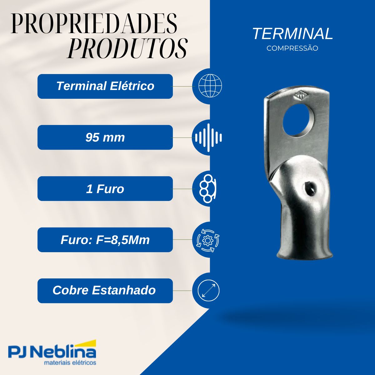 Terminal Compressao Boca Expandida 95mm 1 Compr 1 Furo F=8,5