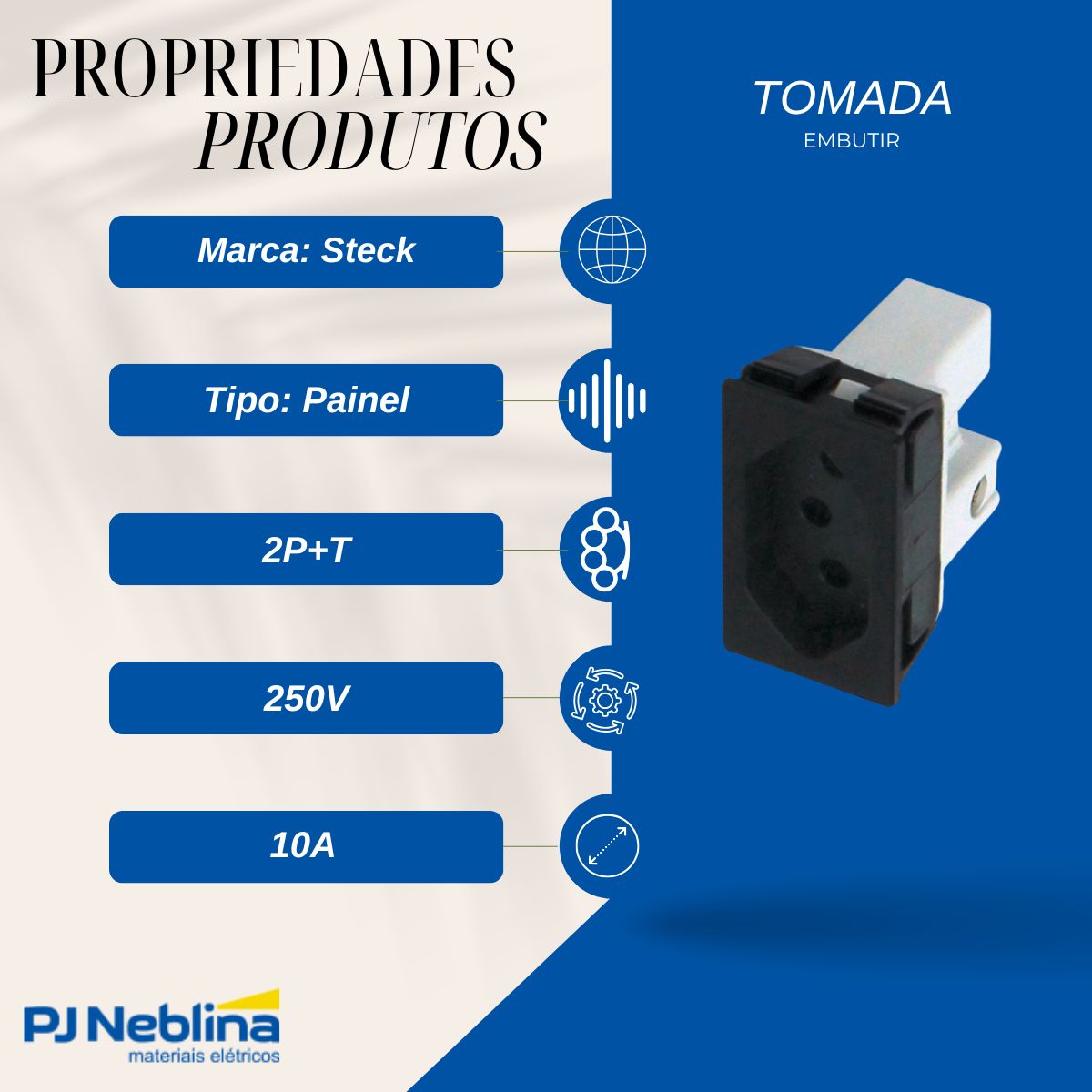 Tomada Embutir Painel 2P+T Retangular 20A 250V Pt Borne Parafuso - Steck