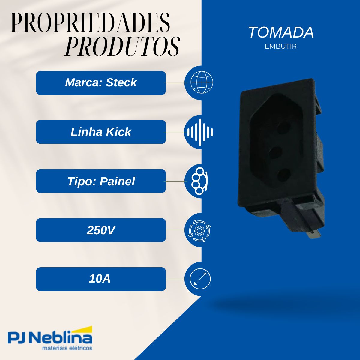 Tomada Embutir Painel 2P+T Retangular 10A 250V Pt Terminal Faston - Steck