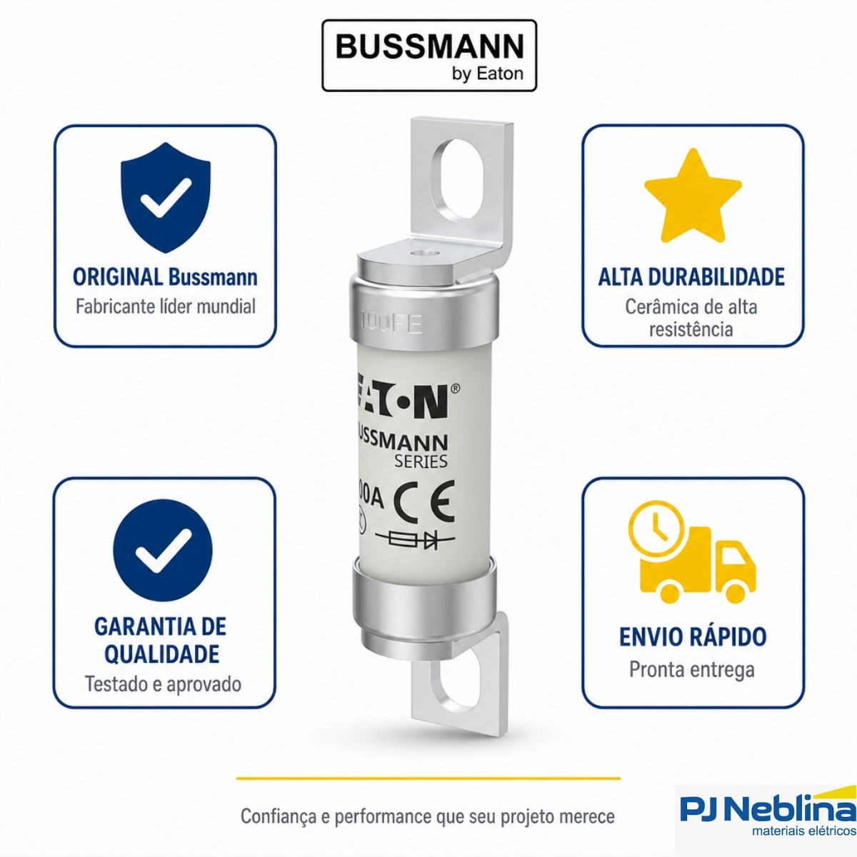 Fusível Cartucho Ultra Rápido Ar 100A 690V 200Ka 19X77Mm 100FE 10Uni - Bussmann Eaton