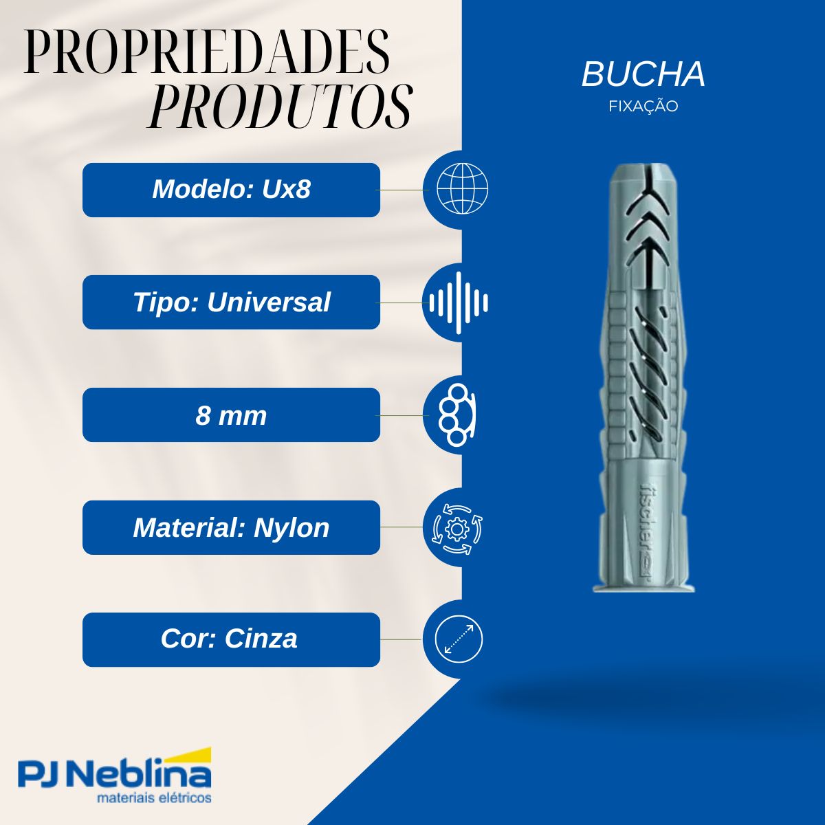 Bucha Fixação Universal Ux8 8Mm Nylon Cinza - Fischer