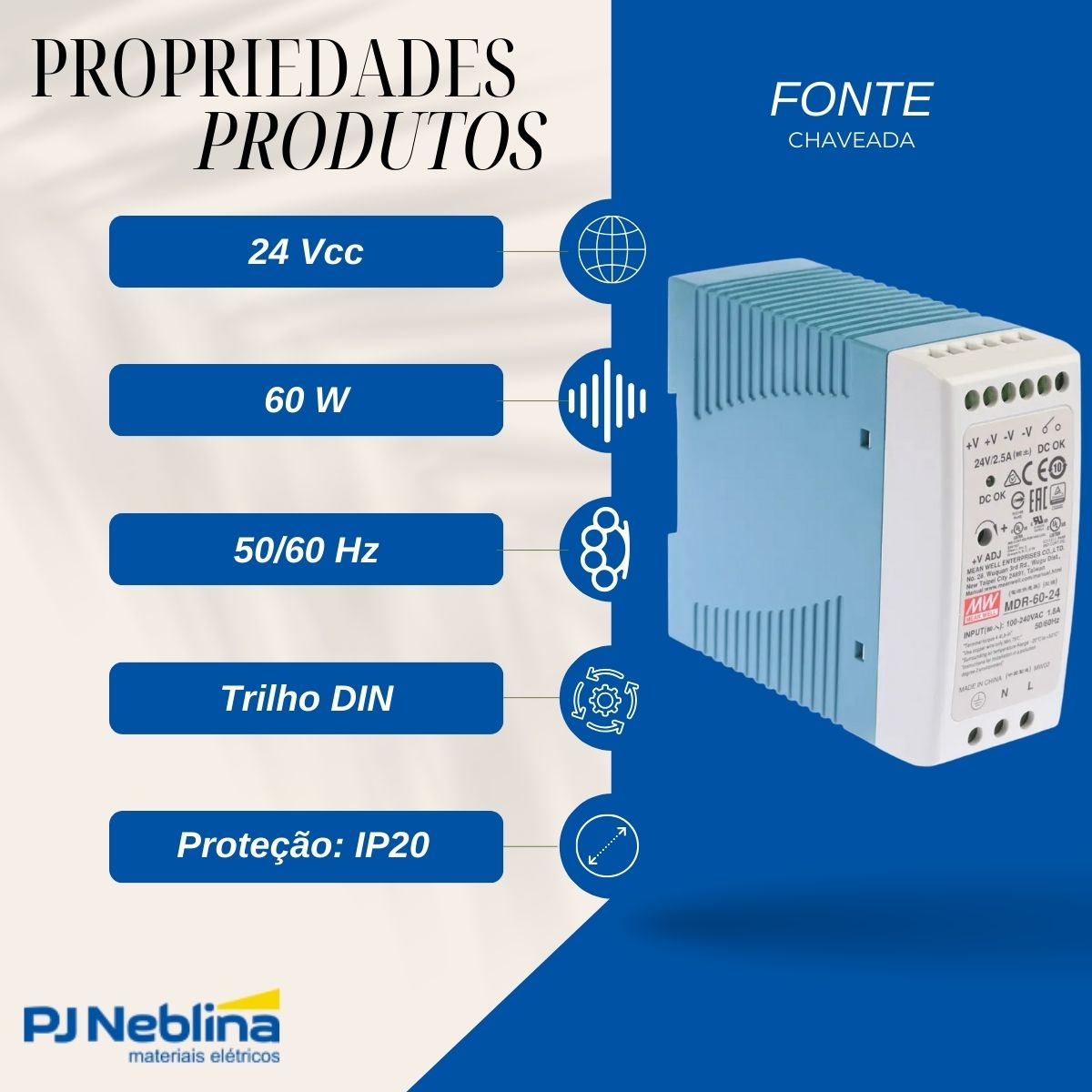 Fonte Chaveada 2,5A 100/220V 24Vcc Mont Trilho Din - Metaltex