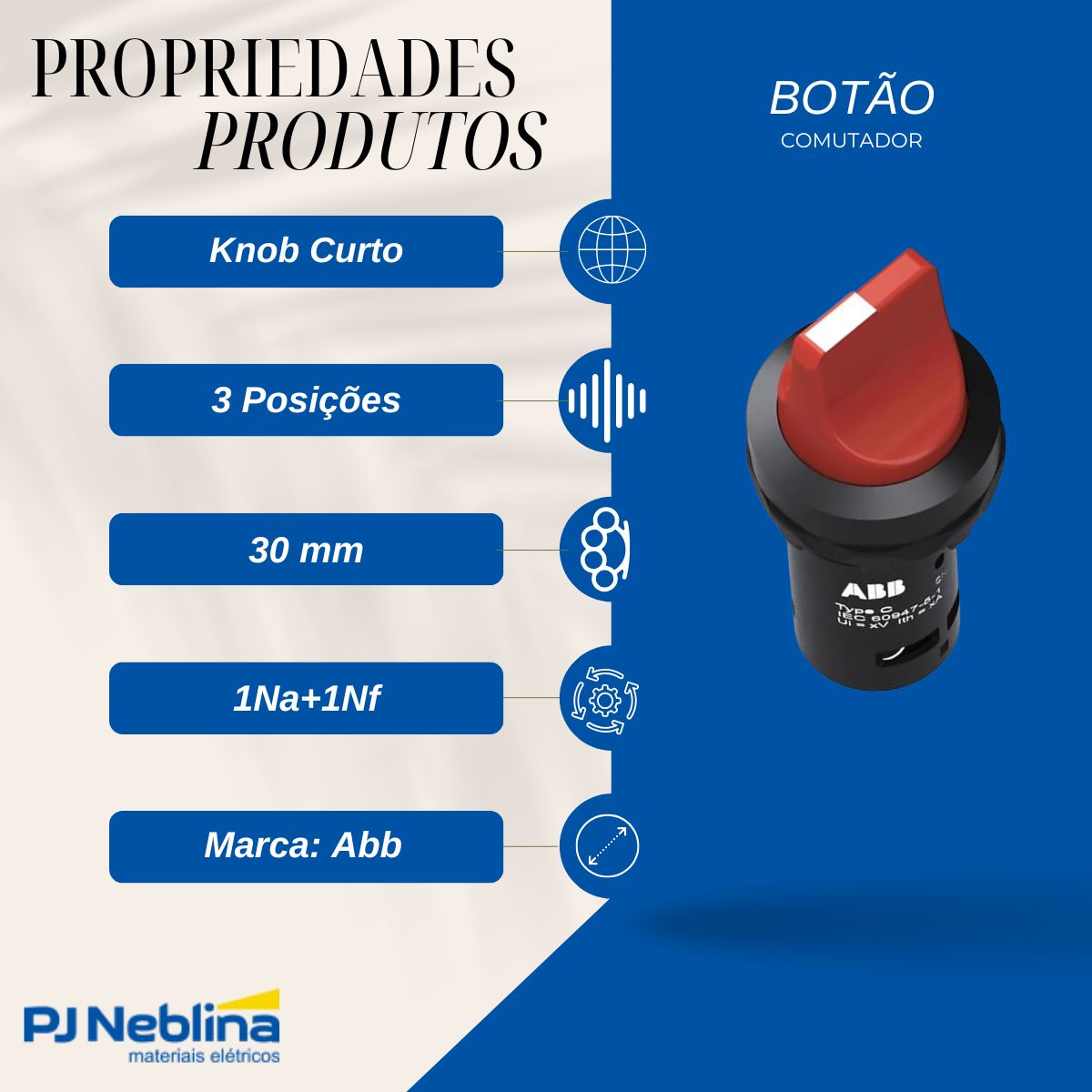 Botão Comutador Knob Curto 3 Posição Fixa 30 mm Plástico Vermelho 1Na+1Nf - Abb