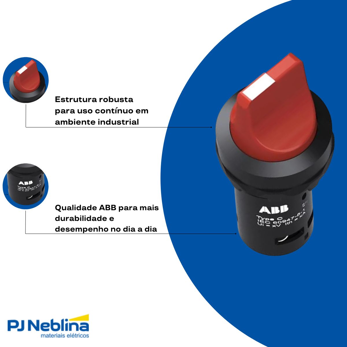 Botão Comutador Knob Curto 3 Posição Fixa 30 mm Plástico Vermelho 1Na+1Nf - Abb