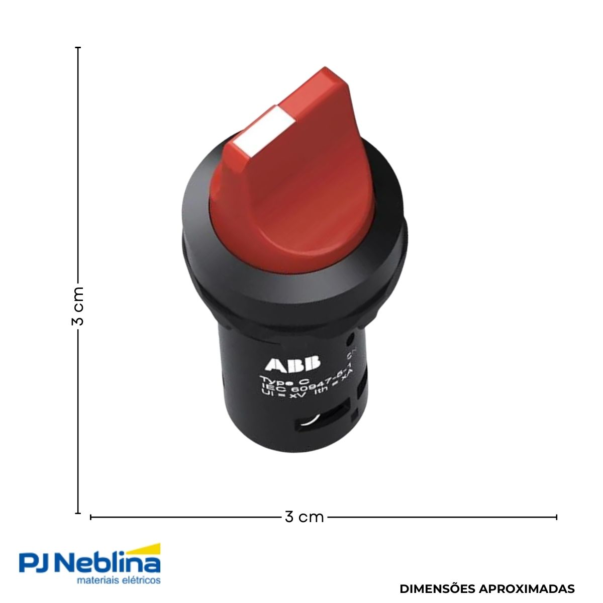 Botão Comutador Knob Curto 3 Posição Fixa 30 mm Plástico Vermelho 1Na+1Nf - Abb