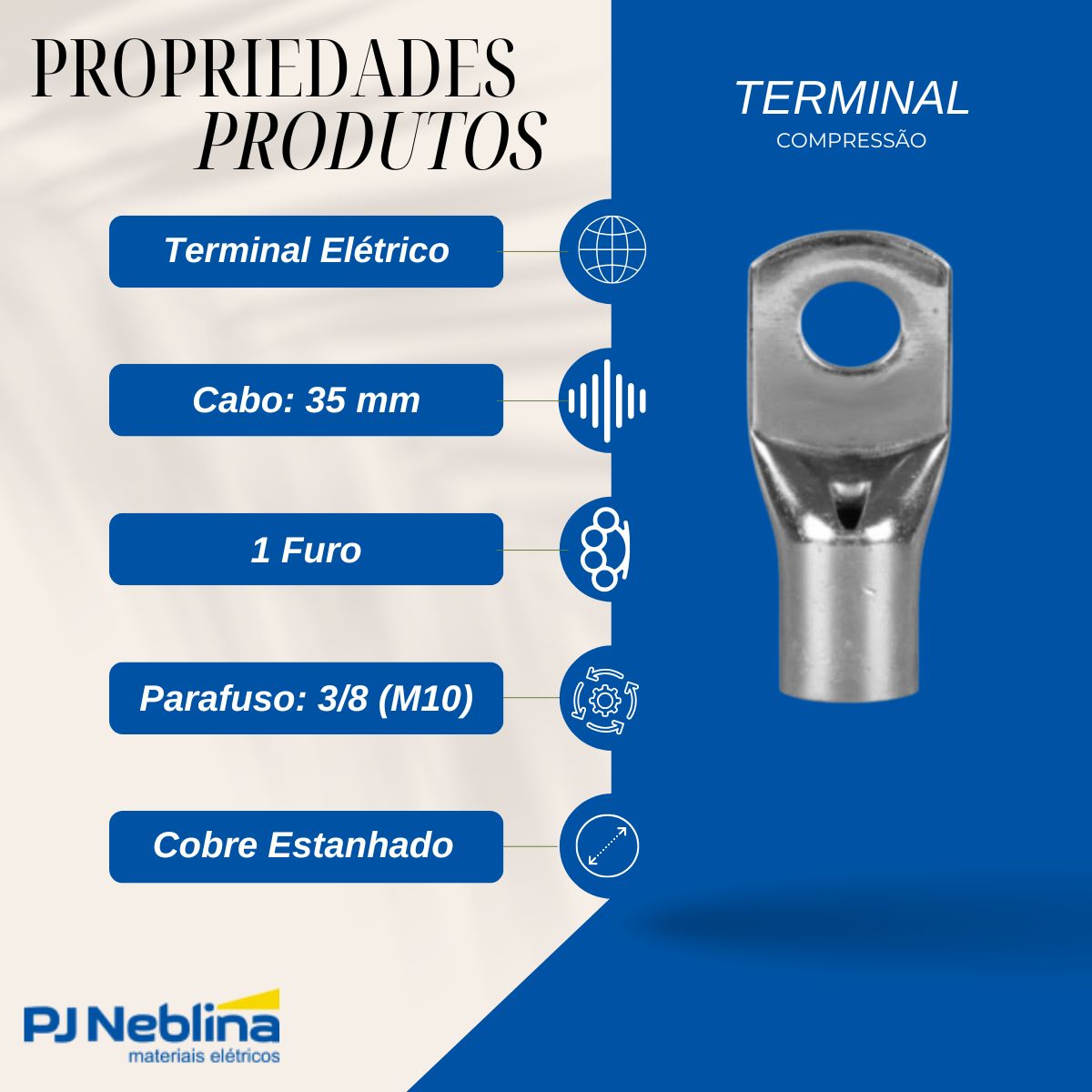 Terminal Compressao 35mm 1 Compr 1 Furo F=10,5mm 3/8 (m10)