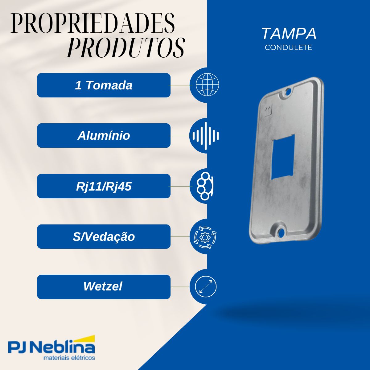 Tampa Condulete 1 Tom Rj11/Rj45 Alumínio 1/2-3/4 S/Pintura S/Vedação - Wetzel