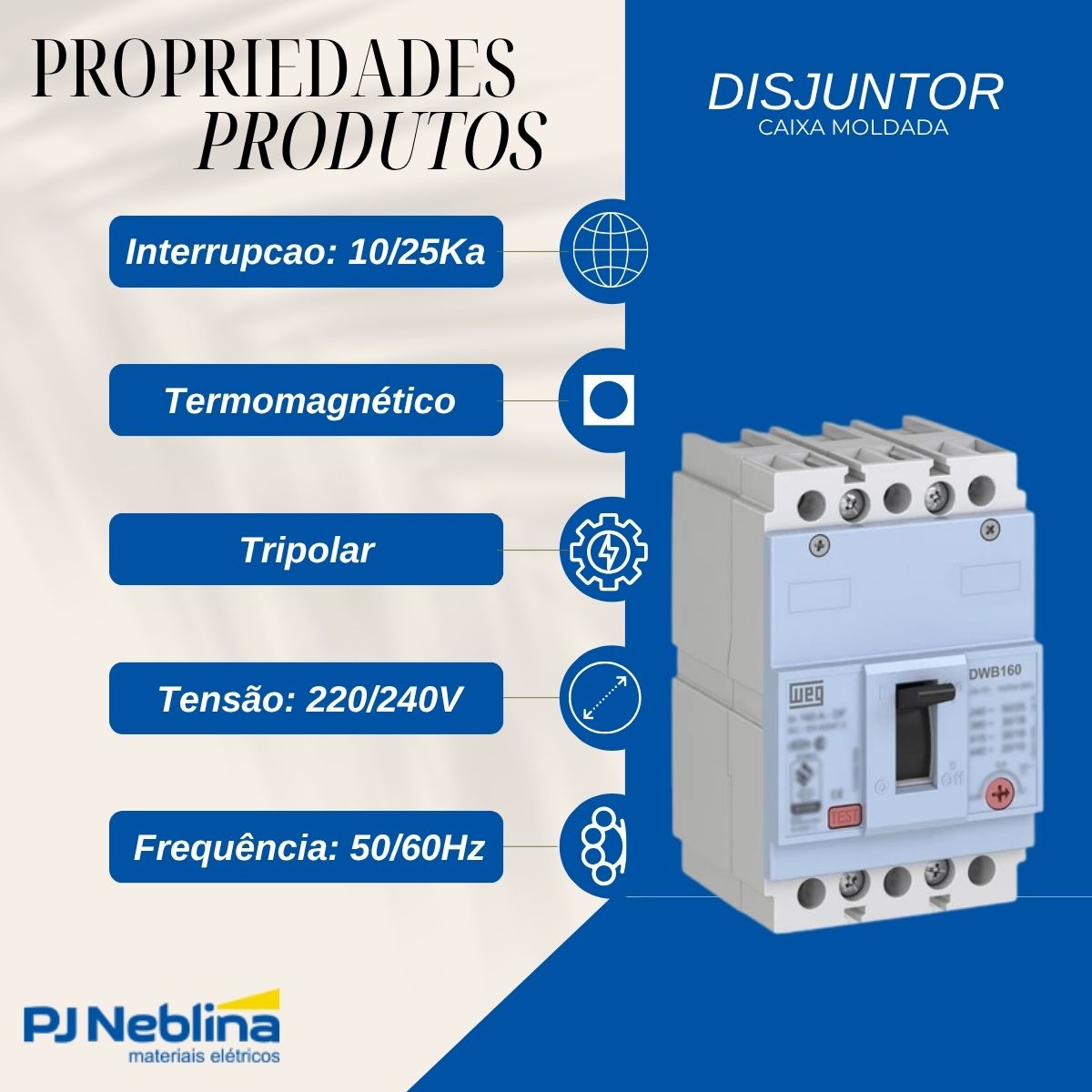 Disjuntor Caixa Moldada Tripolar 100A 16Ka 380/415V 50/60Hz -  Weg