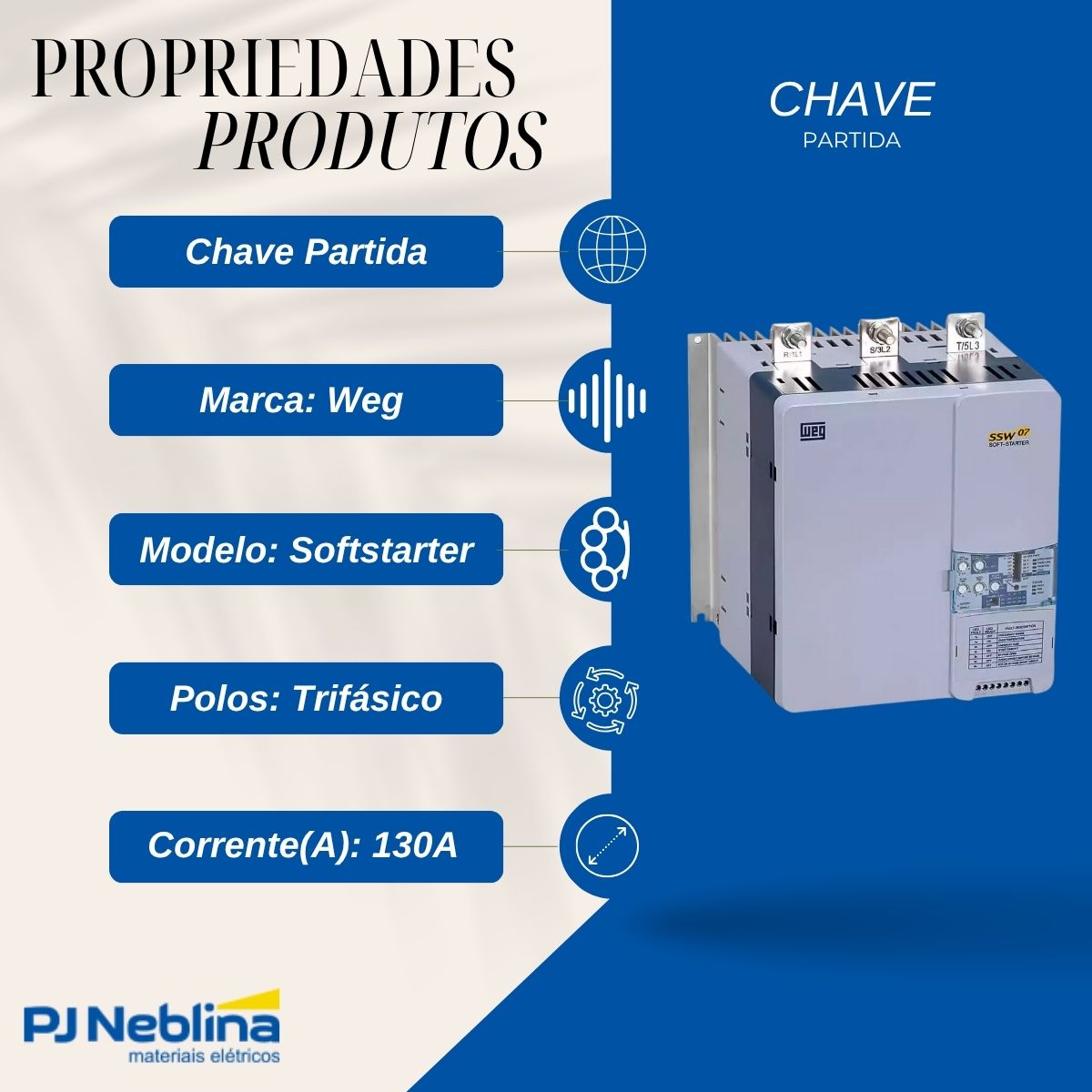 Chave Partida Softstarter Trifásico 130A 220-575V 55Kw Ip00 - Weg