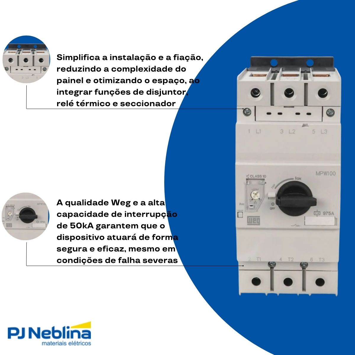 Disjuntor Motor Tripolar 75A 55-75A 50Cv 380/415V 50Ka 380/440V 50/60Hz - Weg