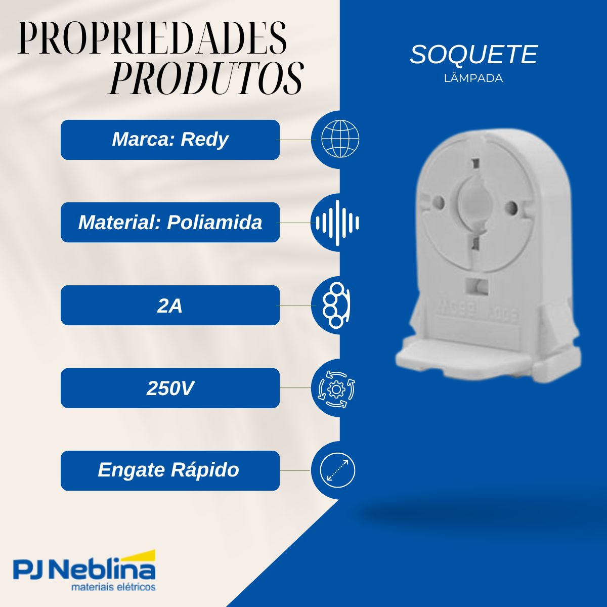 Soquete Lâmpada Poliamida Rotativo P/Lâmpada Fluorescente G13 2A 250V Engate Rápido - Redy