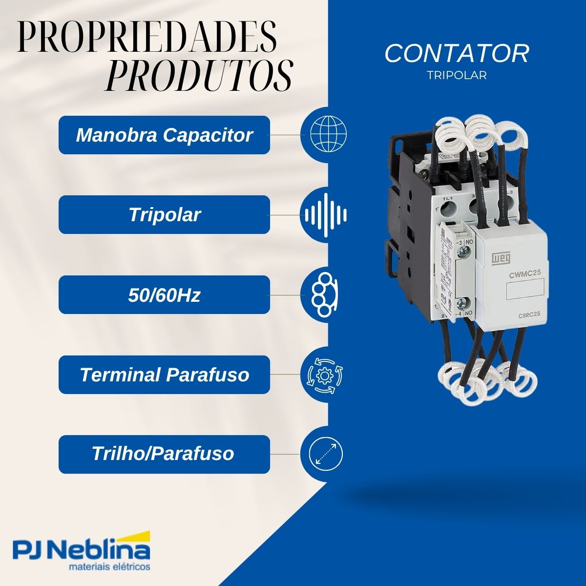 Contator Manobra Capacitor Tripolar 190-220V 50/60Hz 1Na 20Kvar/380-415V 55G - Weg