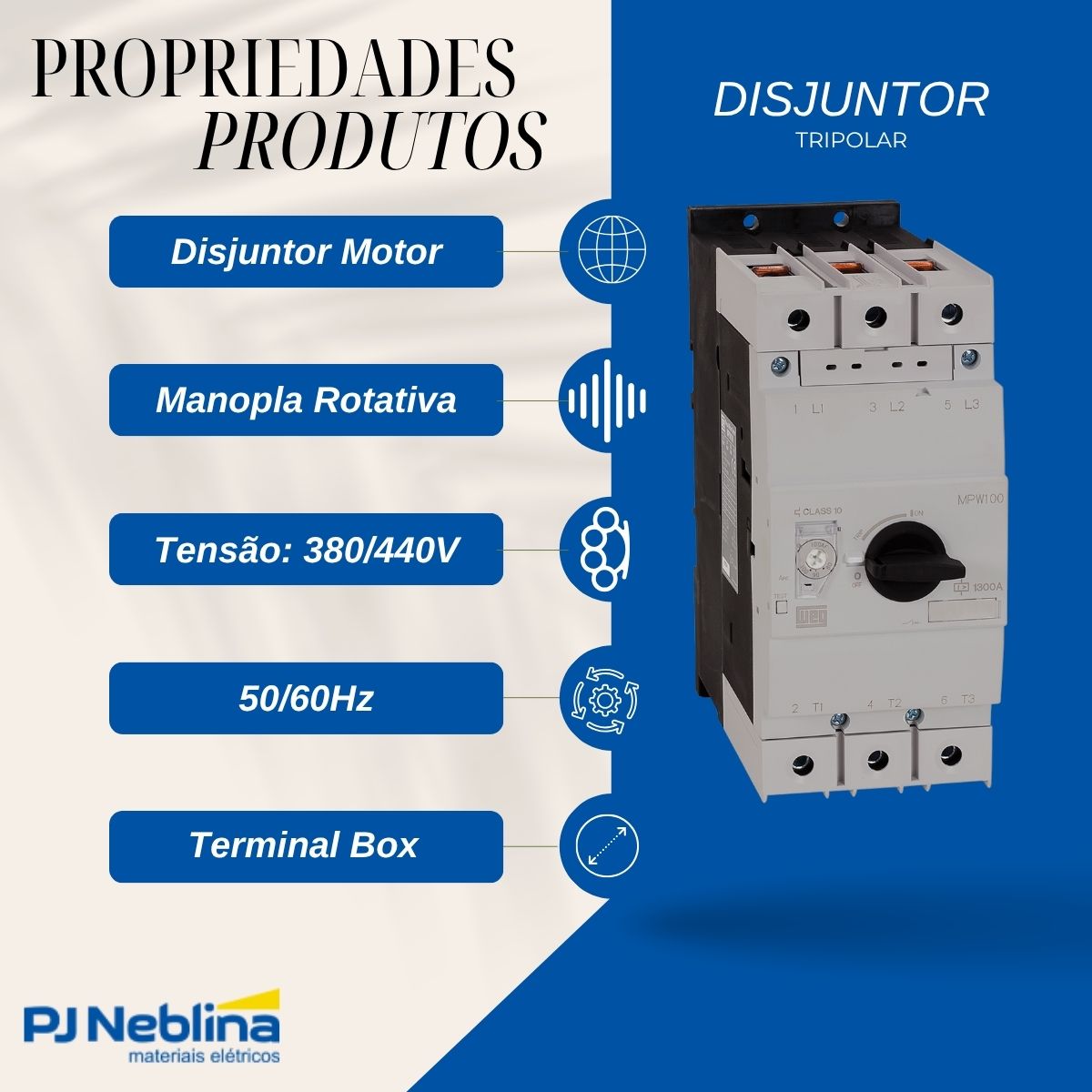 Disjuntor Motor Tripolar 90A 70-90A 60Cv 380/415V 50Ka 380/440V 50/60Hz - Weg