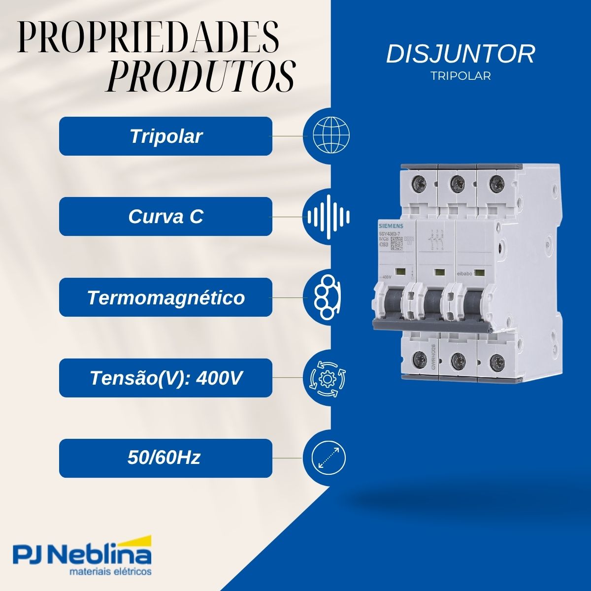 Disjuntor Mini Din Tripolar 63A Curva C 10Ka 400V - Siemens