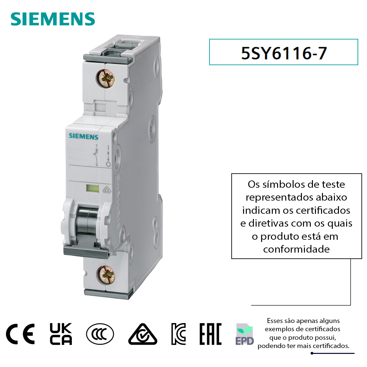 Disjuntor Mini Din Unipolar 16A Termomagnético Curva C 15Ka 230/400V 5SY61167 Siemens