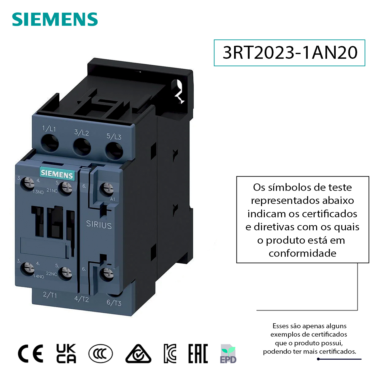 Contator Potência Tripolar 9A 220V 1Na+1Nf 50/60Hz 3RT20231AN20 Siemens