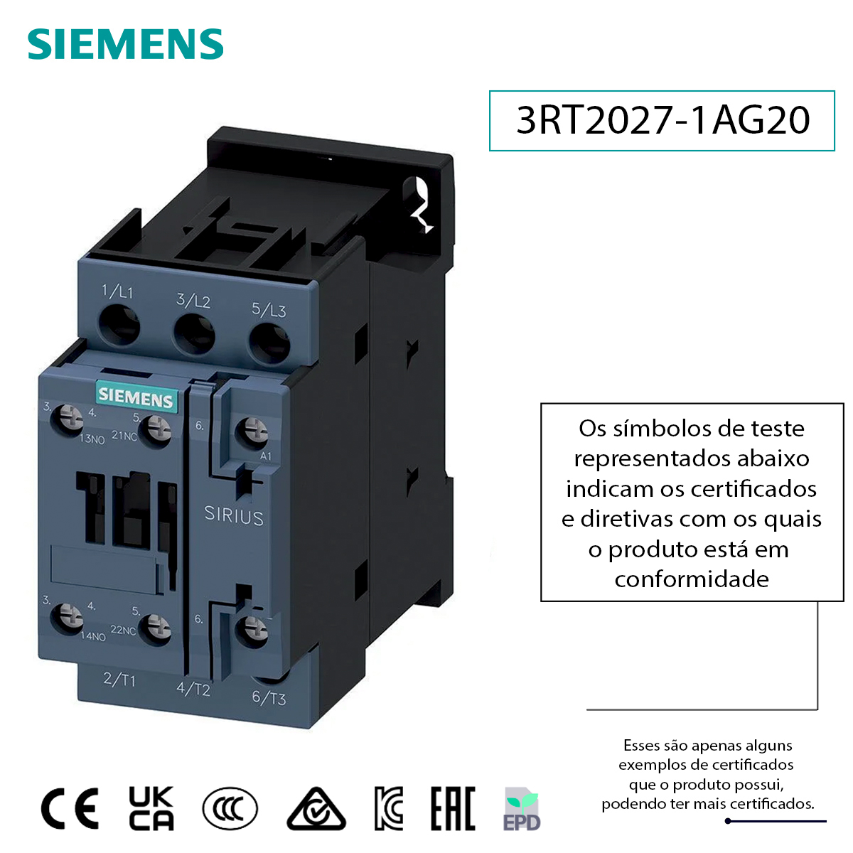 Contator Potência Tripolar 32A 110V 1Na+1Nf 50/60Hz 3RT20271AG20 Siemens