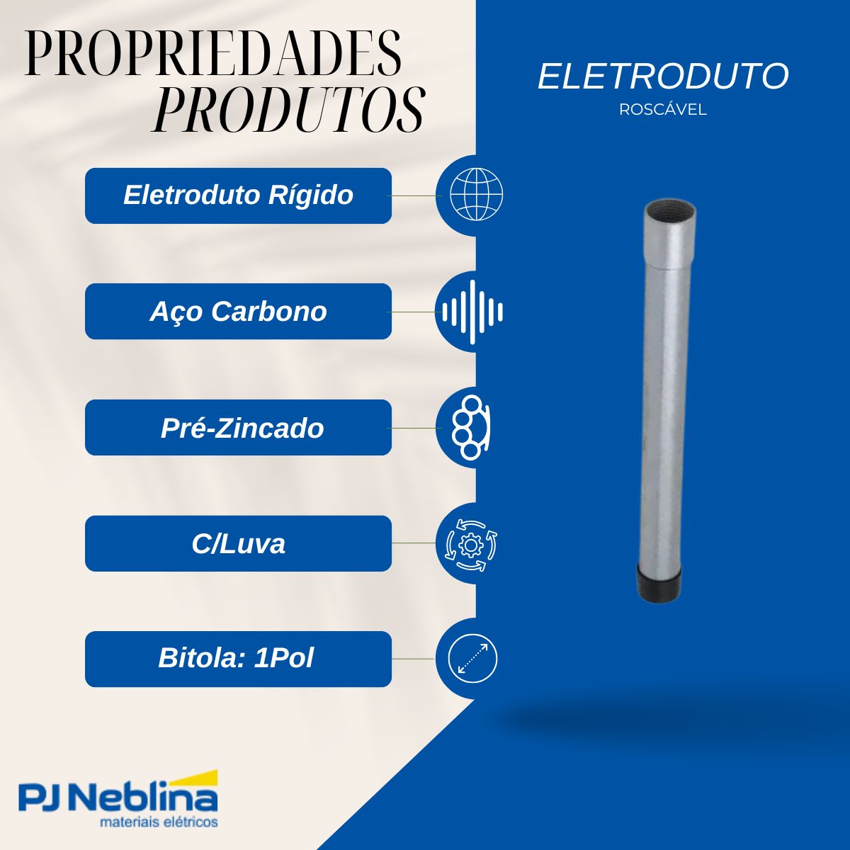 Eletroduto Aço Carbono Roscável Leve 1Pol Pré-Zincado (Br C/3M) P=0,50Mm Tpcz C/Luva - Eletroduto/Est