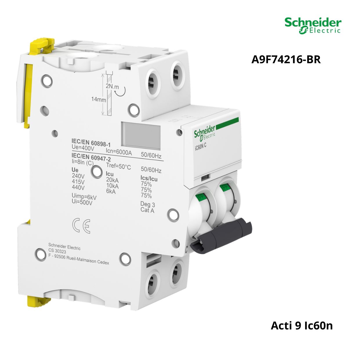Disjuntor Mini Din Bipolar 16A Curva C 6Ka 230/400V Acti 9 Ic60n - Schneider Electric