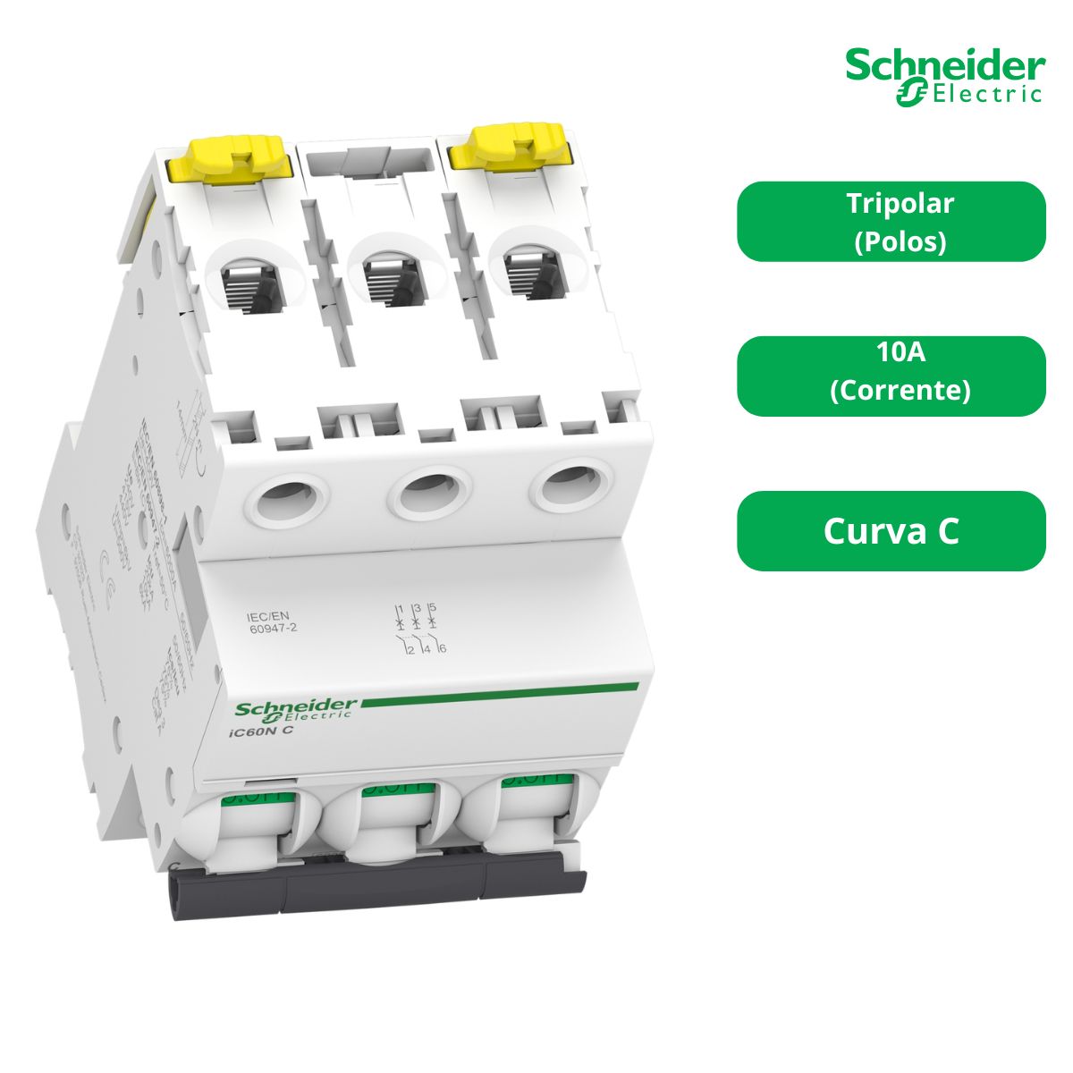 Disjuntor Mini Din Tripolar 10A Curva C 20Ka 220/240V Acti 9 Ic60n - Schneider Electric