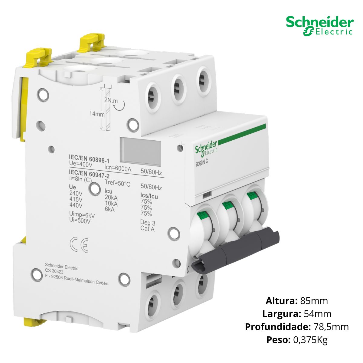 Disjuntor Mini Din Tripolar 10A Curva C 20Ka 220/240V Acti 9 Ic60n - Schneider Electric