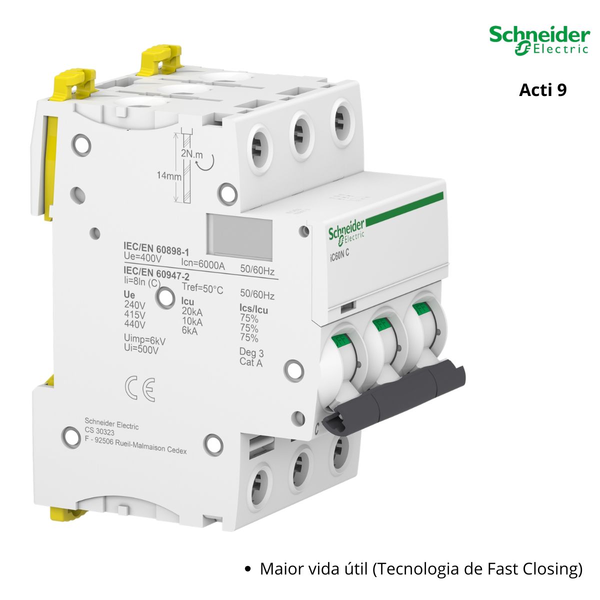 Disjuntor Mini Din Tripolar 16A Curva C 6Ka 230/400V Acti 9 Ic60n - Schneider Electric