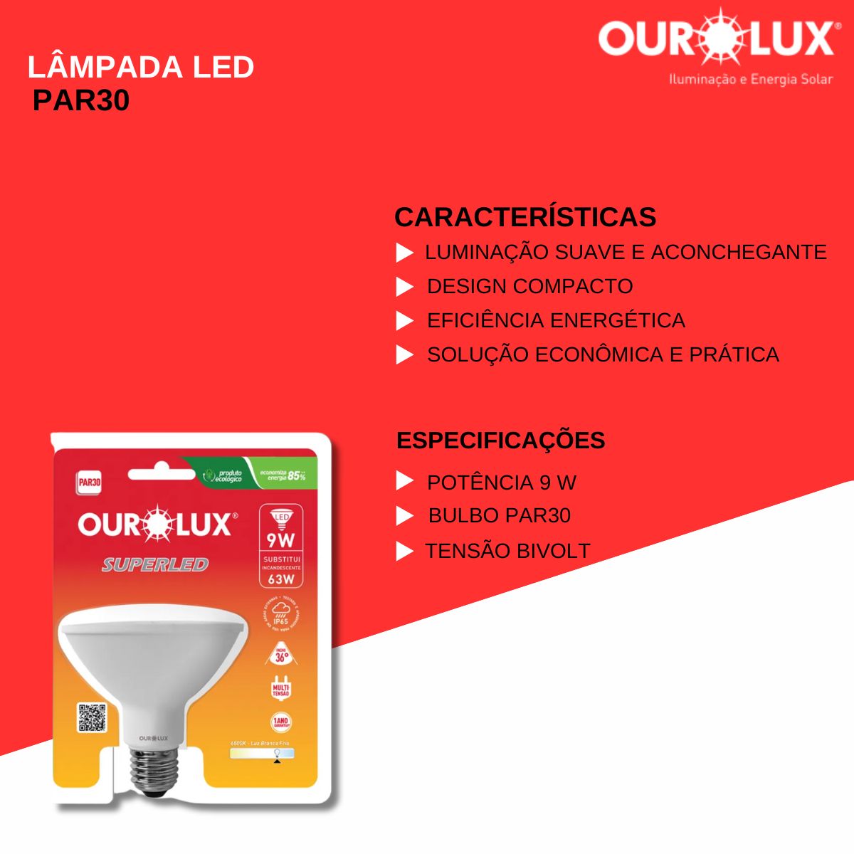 Lâmpada Led Par30 9W Bivolt 3000K Luz Amarela - Ourolux