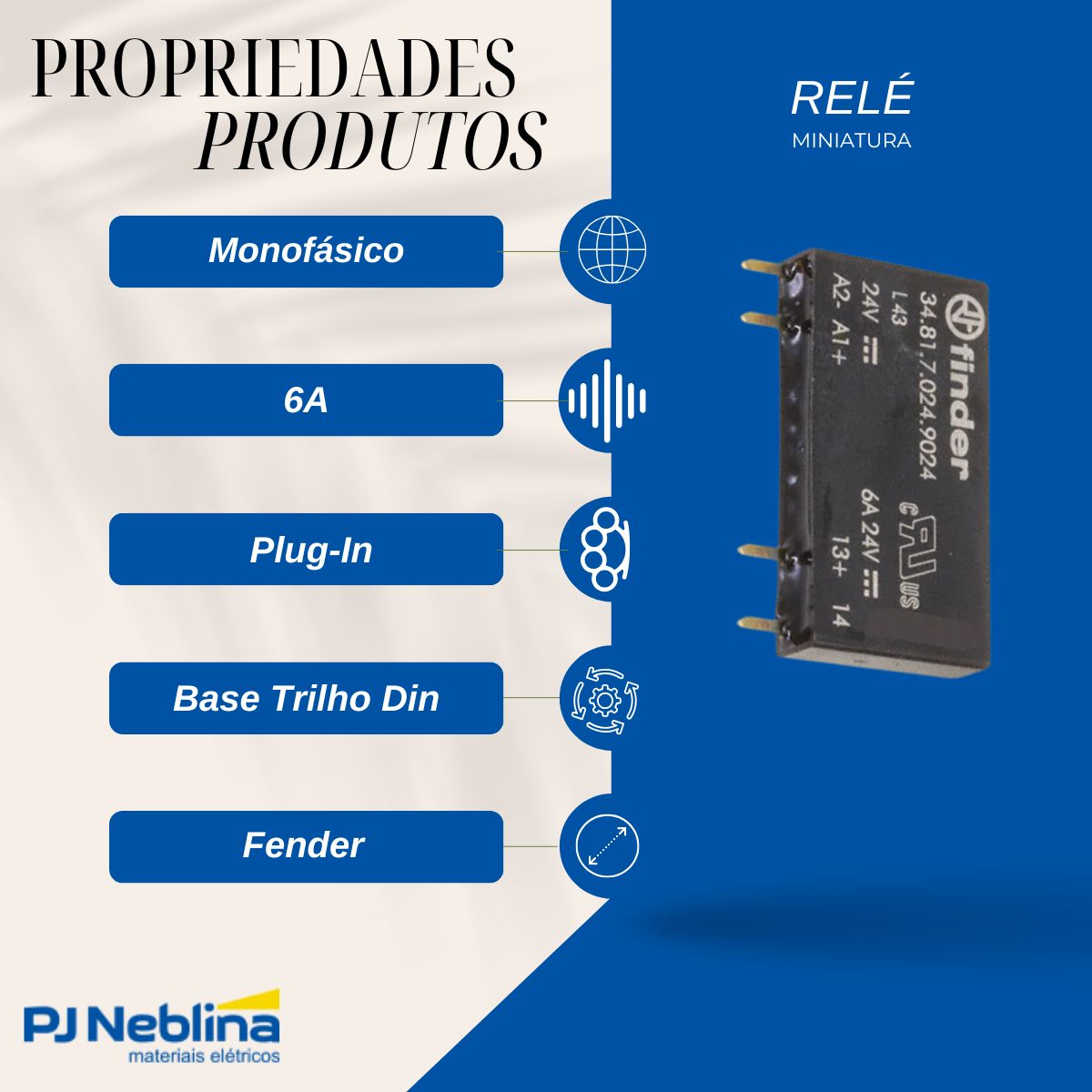 Relé Estado Solido Miniatura Monofásico Entr 24Vcc Saída 24Vcc 6A - Finder