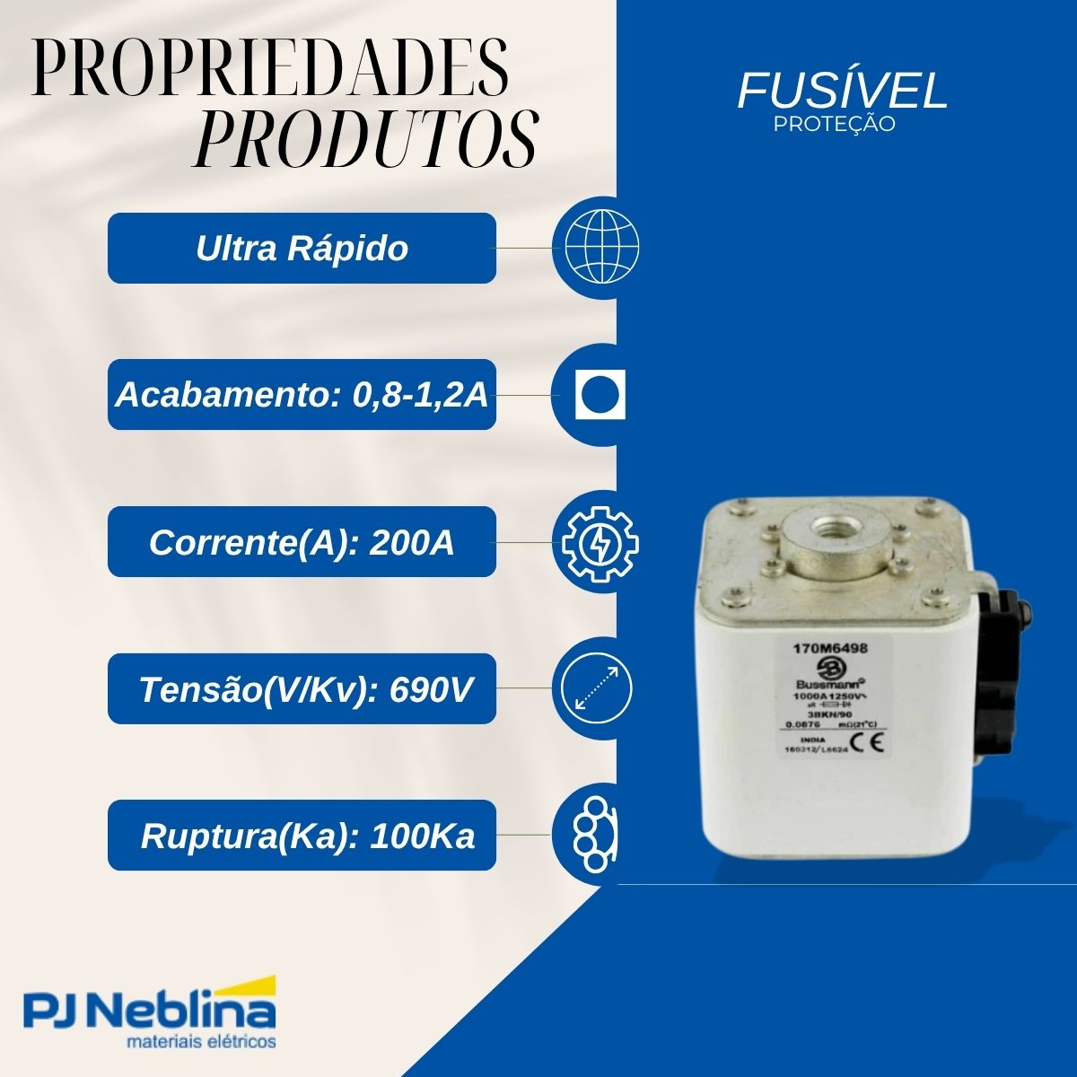 Fusível Nh Ultra Rápido Ar 200A 690V 100Ka T-1 - Weg