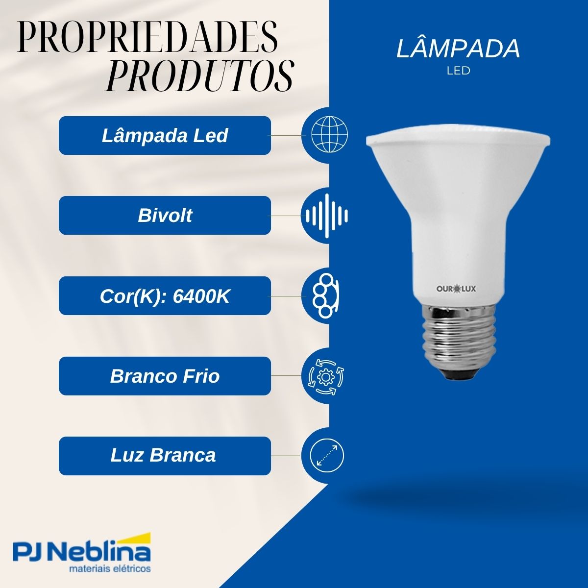Lâmpada Led Par20 6W Bivolt E27 6400K Branco Frio Luz Branca 420Lm 30G - Ourolux