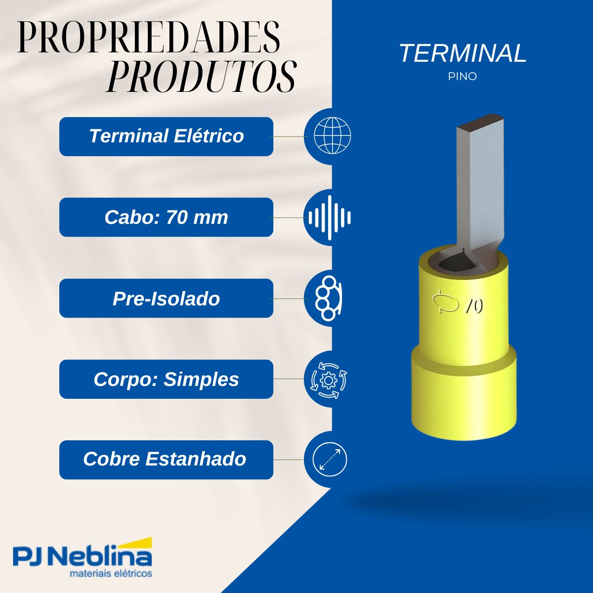 Terminal Pino Tubular 70Mm Pré-Isolado Amarelo - Intelli
