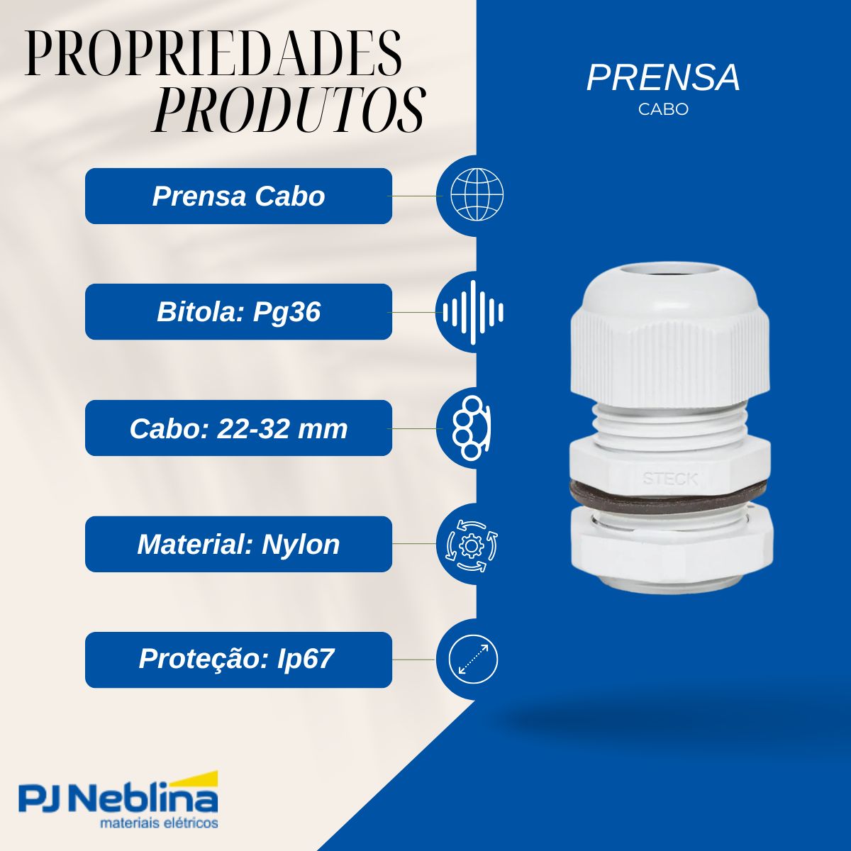 Prensa Cabo Longo Pg36 22-32Mm Pg Nylon Cz Ip67 - Steck