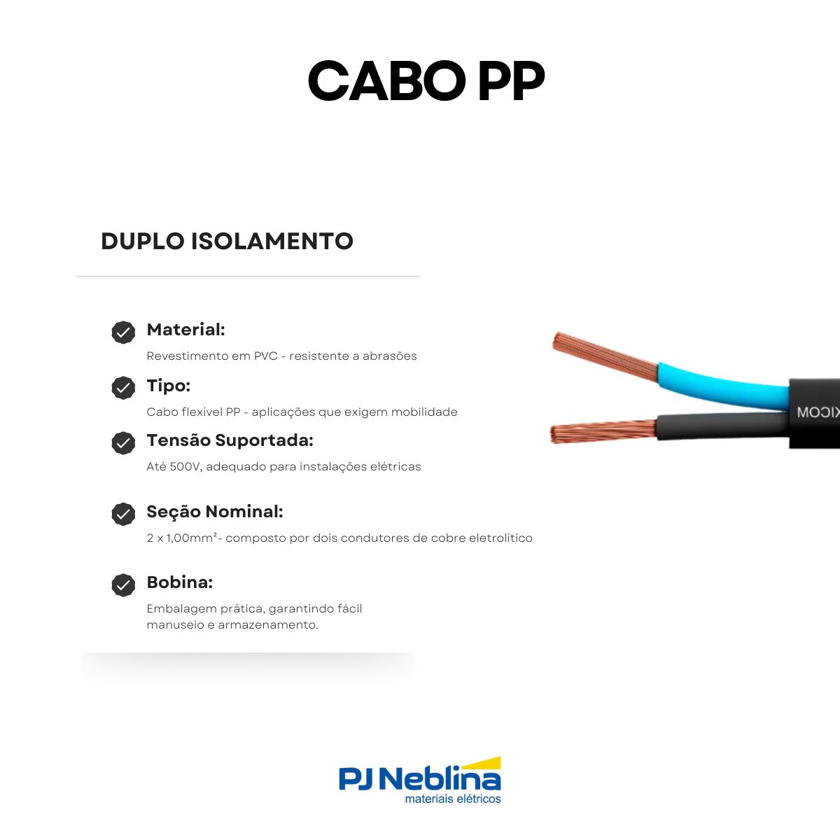 Cabo Pp 500v Pvc 2x1,00mm Pt 70g (bobina)