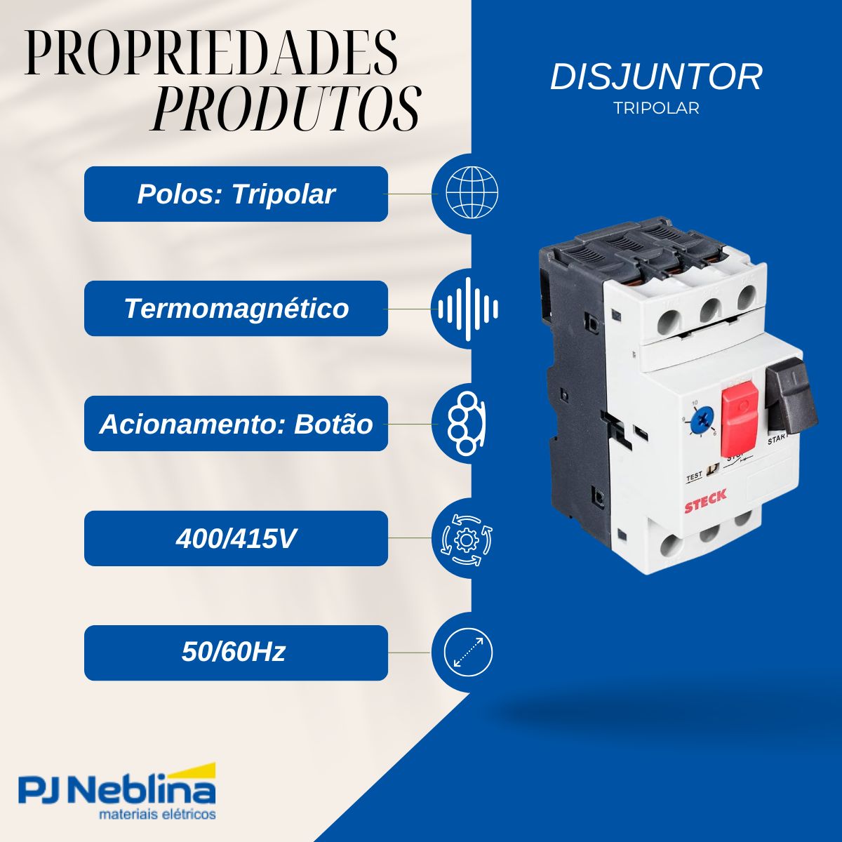 Disjuntor Motor Tripolar 4A 2,5-4A 400/415V 100Ka 400/415V 50/60Hz - Steck