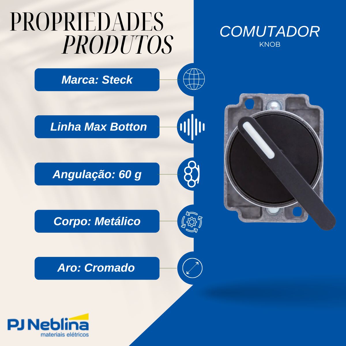 Frontal Comutador Knob Longo 2 Posição Fixa 60G 22,5Mm Metálico Preto - Steck