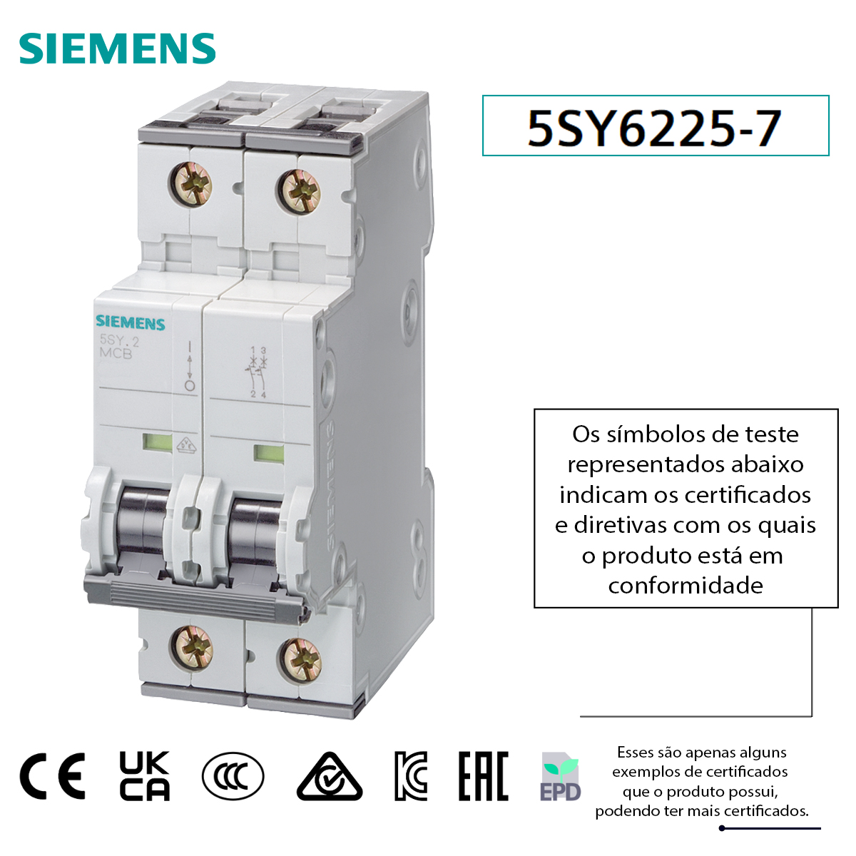Disjuntor Mini Din Bipolar 25A Termomagnético Curva C 15Ka 230/400V 5SY62257 Siemens