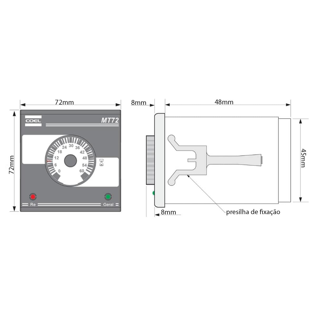 Relé Temporizador Analógico Retardo/Pulso Energização 0-60Seg/Min 1 Spdt (1Naf) 100-240V MT72W-R-GN-P Coel